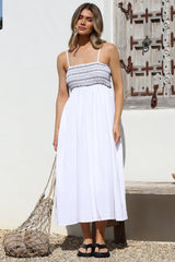 Asha Midi Dress - Constrast Stitch Shirred Elasticated Bodice Sun Dress in White