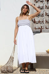 Asha Midi Dress - Constrast Stitch Shirred Elasticated Bodice Sun Dress in White