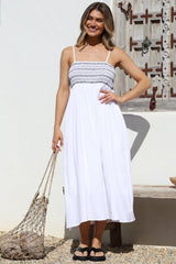 Asha Midi Dress - Constrast Stitch Shirred Elasticated Bodice Sun Dress in White