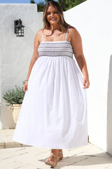 Asha Midi Dress - Constrast Stitch Shirred Elasticated Bodice Sun Dress in White