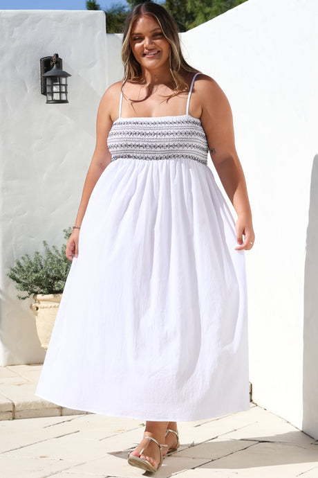 Asha Midi Dress - Constrast Stitch Shirred Elasticated Bodice Sun Dress in White