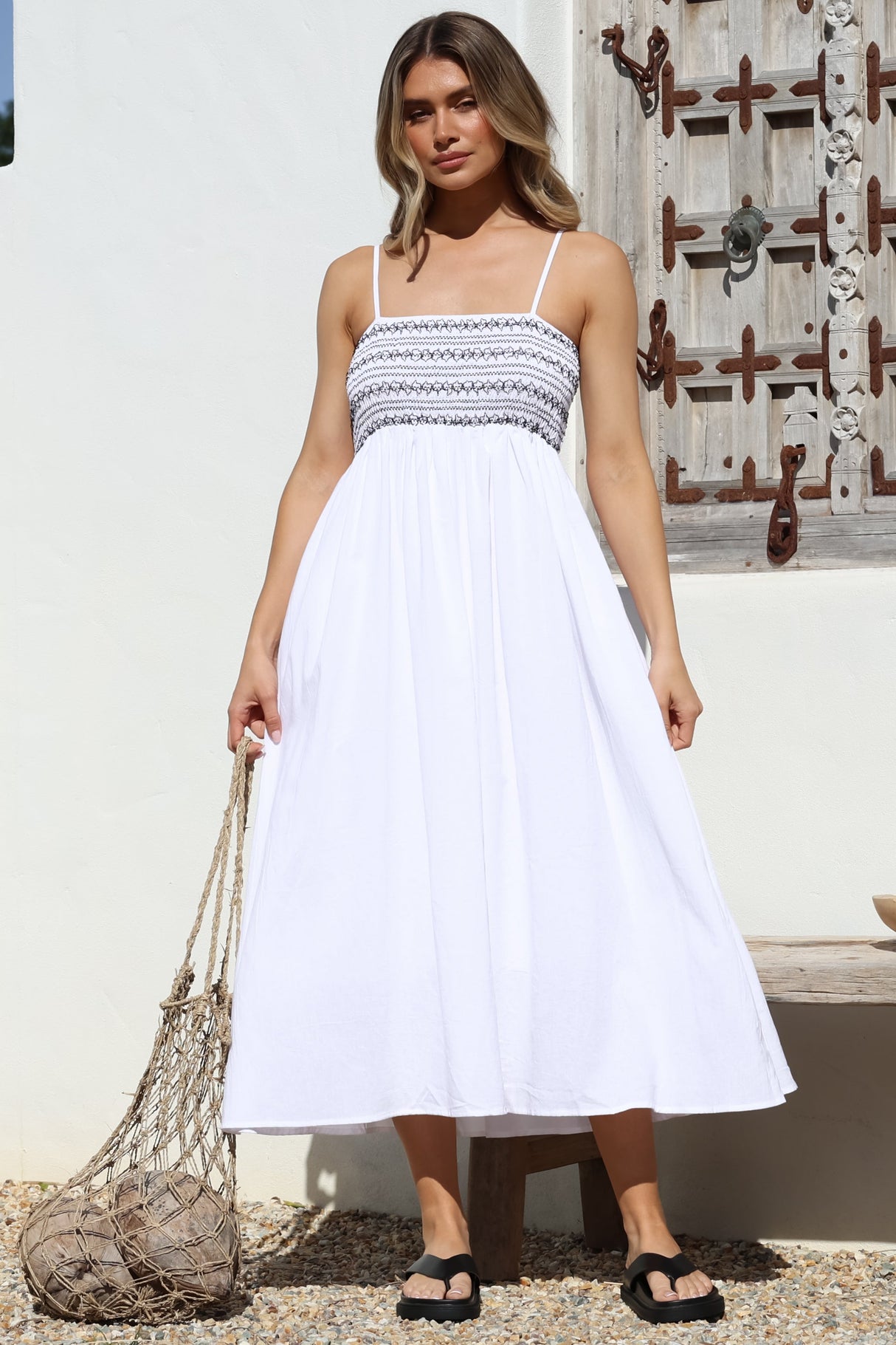 Asha Midi Dress - Constrast Stitch Shirred Elasticated Bodice Sun Dress in White