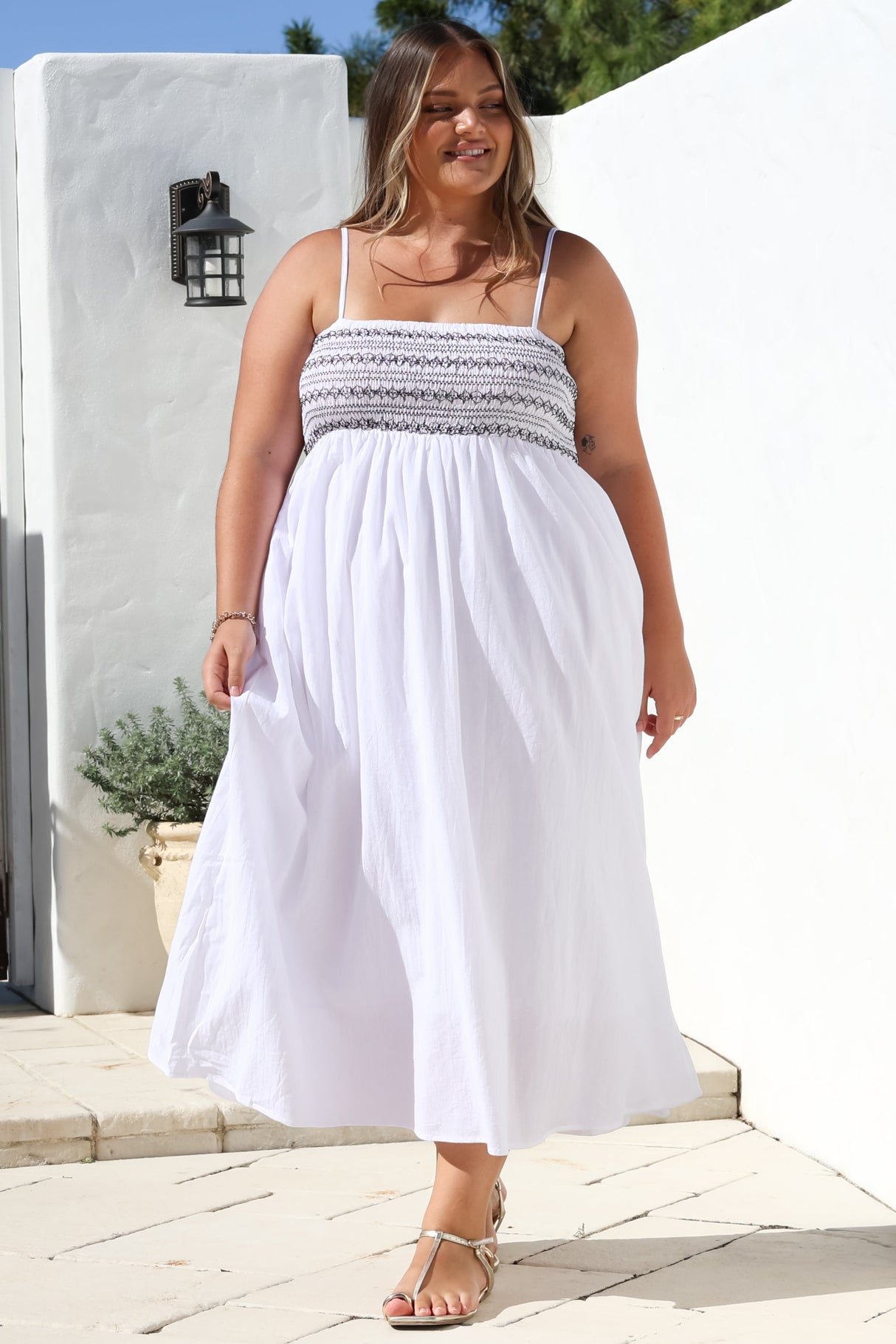 Asha Midi Dress - Constrast Stitch Shirred Elasticated Bodice Sun Dress in White