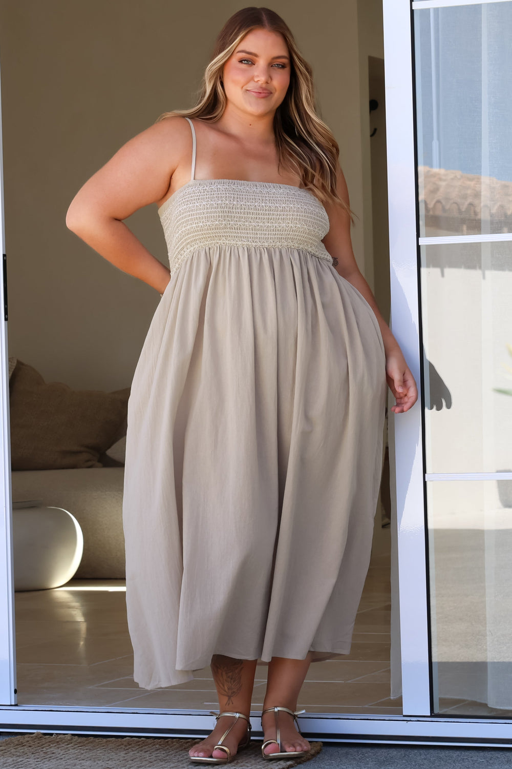 Asha Midi Dress - Constrast Stitch Shirred Elasticated Bodice Sun Dress in Beige