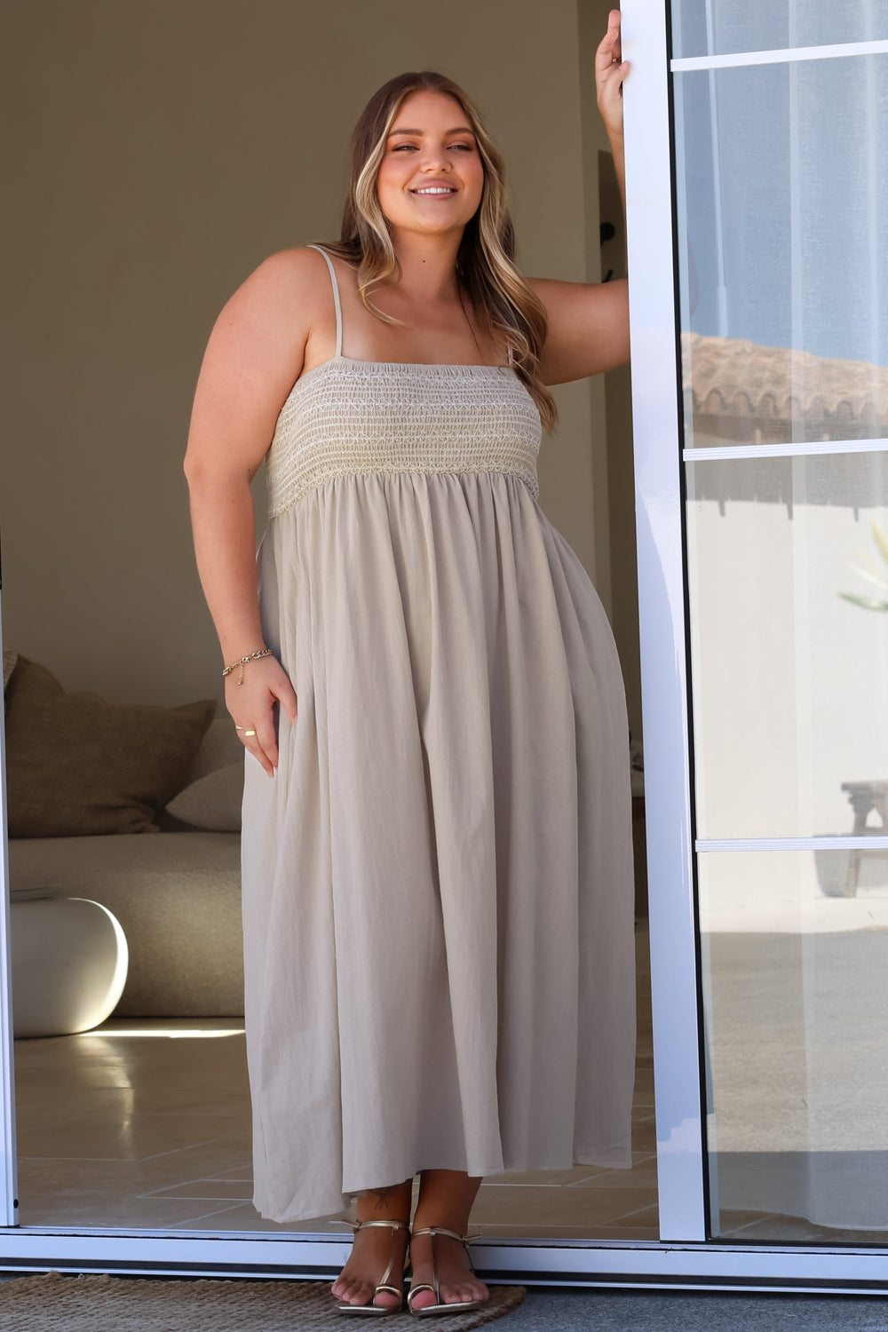 Asha Midi Dress - Constrast Stitch Shirred Elasticated Bodice Sun Dress in Beige