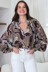 Ashbury Blouse - Mandarin Collar Button Down with Buttoned Cuff Sleeves in Woodstock Print