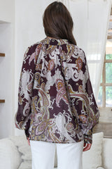 Ashbury Blouse - Mandarin Collar Button Down with Buttoned Cuff Sleeves in Woodstock Print