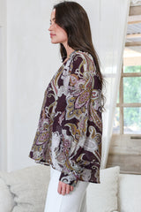 Ashbury Blouse - Mandarin Collar Button Down with Buttoned Cuff Sleeves in Woodstock Print