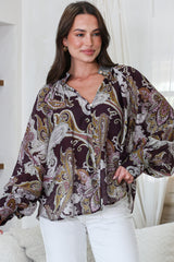 Ashbury Blouse - Mandarin Collar Button Down with Buttoned Cuff Sleeves in Woodstock Print