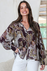Ashbury Blouse - Mandarin Collar Button Down with Buttoned Cuff Sleeves in Woodstock Print