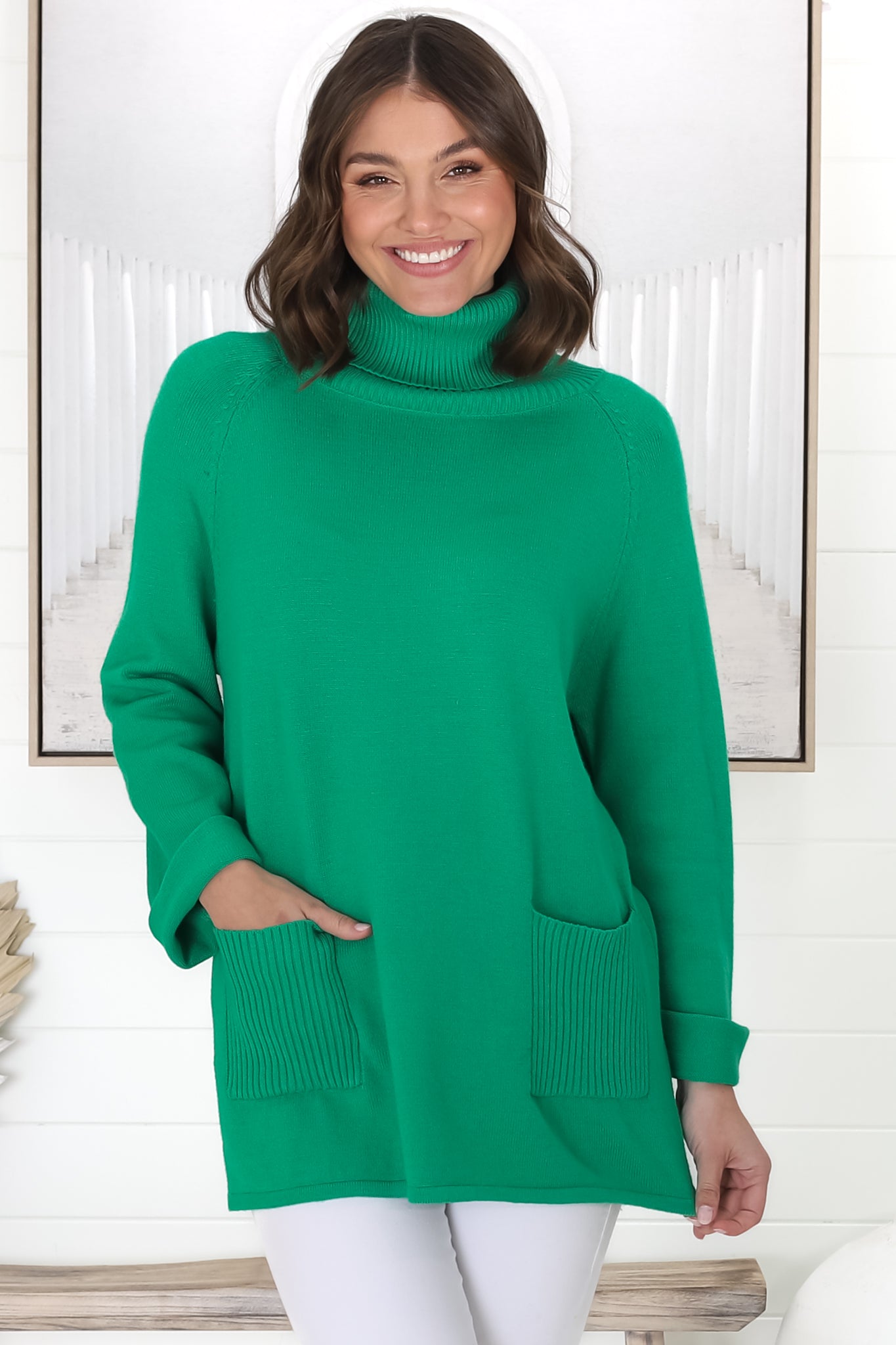 Ashby Jumper - Turtle Neck Relaxed Jumper with Pockets in Green