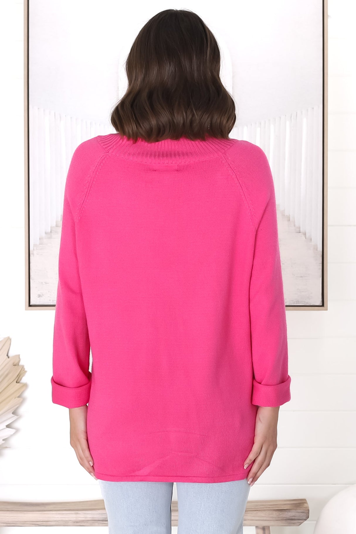 Ashby Jumper - Turtle Neck Relaxed Jumper with Pockets in Hot Pink