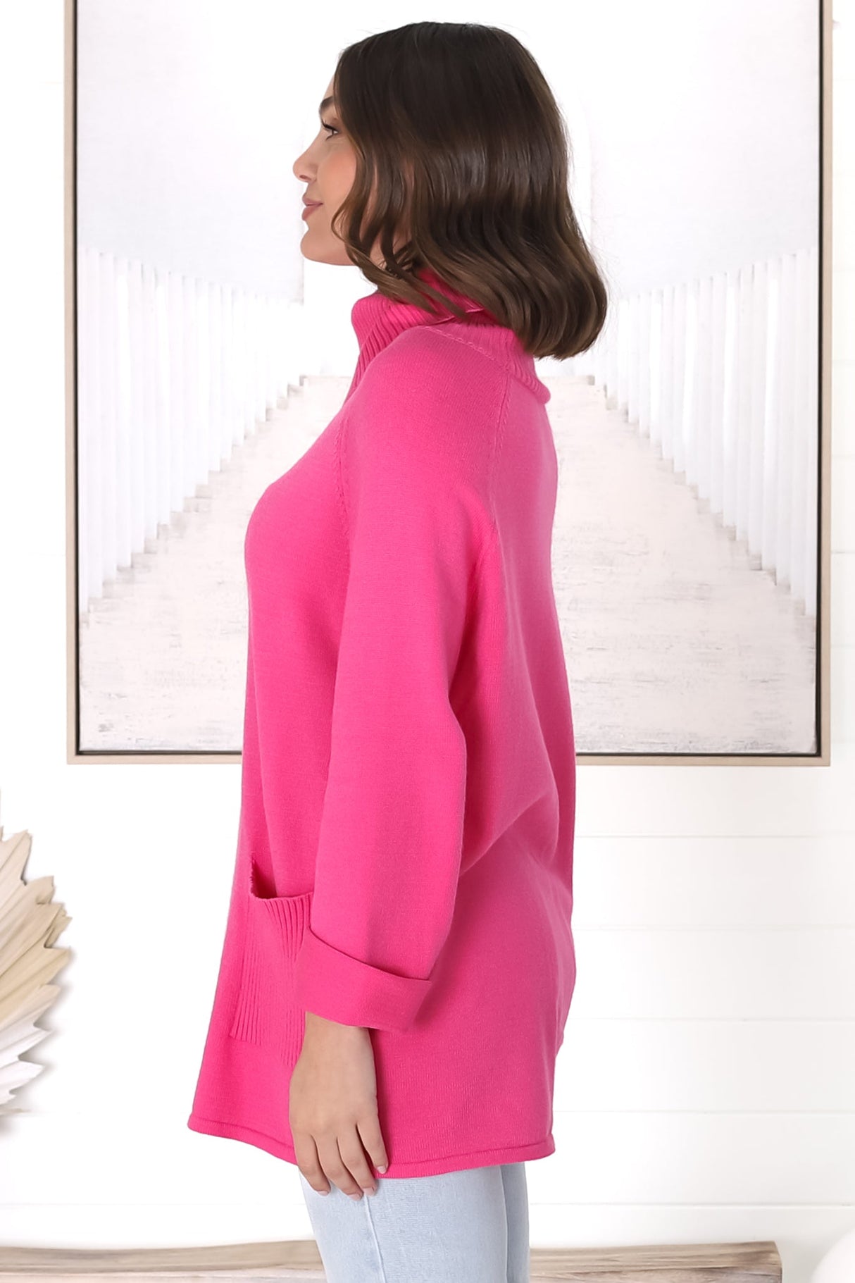 Ashby Jumper - Turtle Neck Relaxed Jumper with Pockets in Hot Pink