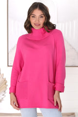 Ashby Jumper - Turtleneck Relaxed Jumper with Pockets in Hot Pink