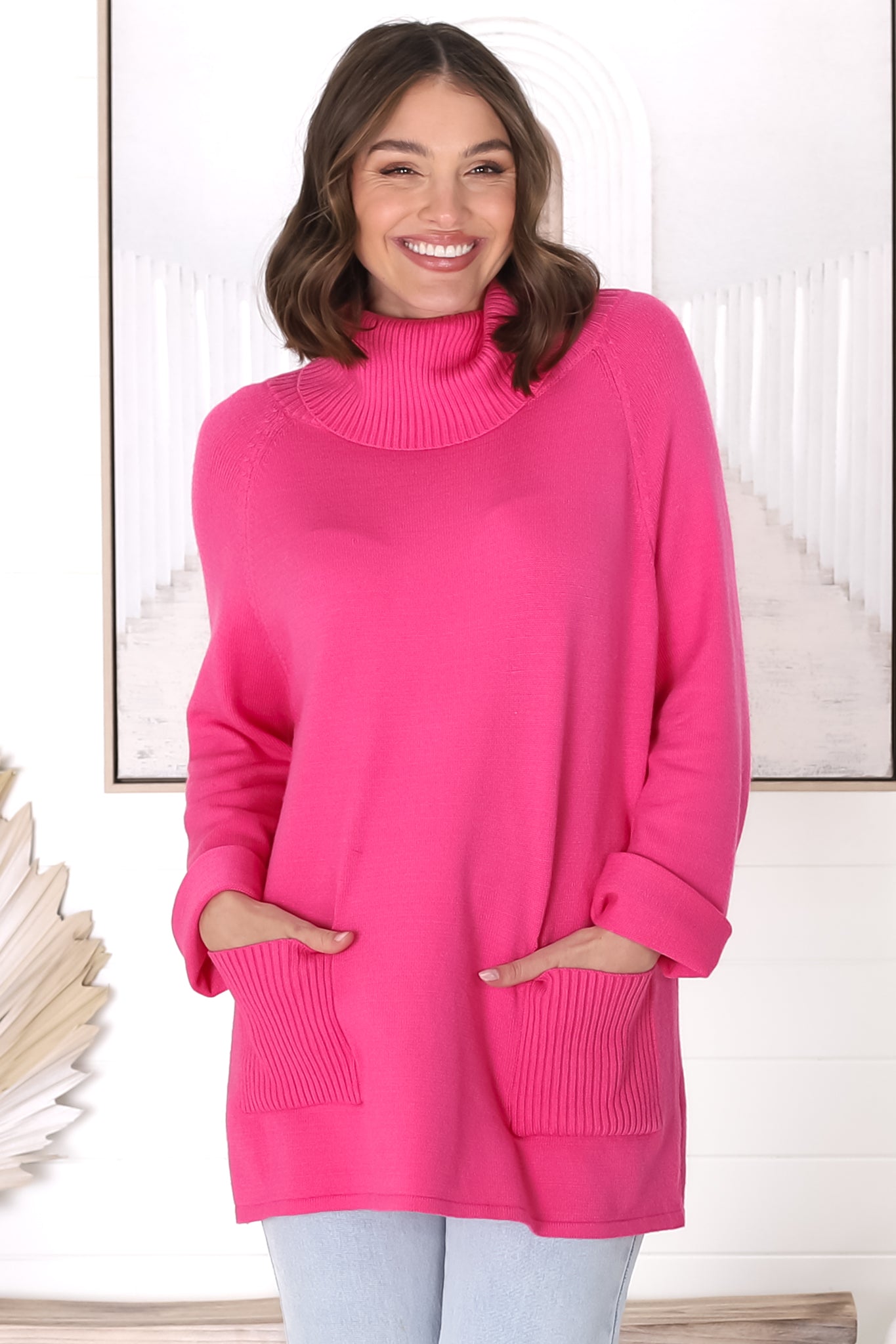 Ashby Jumper - Turtle Neck Relaxed Jumper with Pockets in Hot Pink