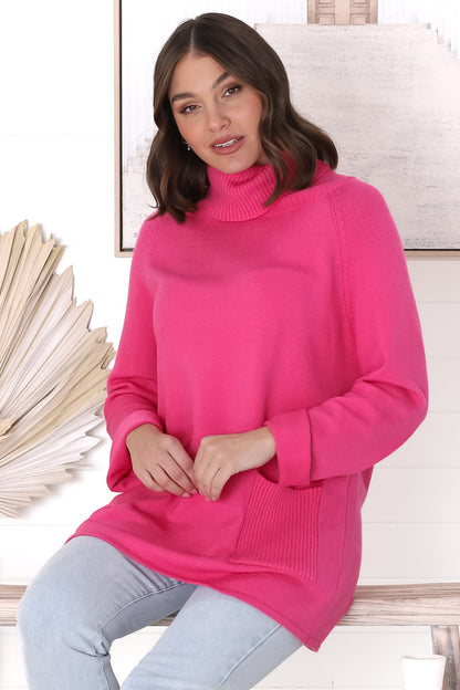 Ashby Jumper - Turtle Neck Relaxed Jumper with Pockets in Hot Pink