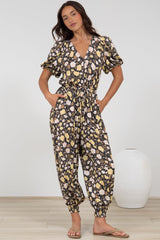 Ashby Jumpsuit - V-Neck Elasticated Leg Cuff Jumpsuit with Pull Tie Waist in Shiloh Print
