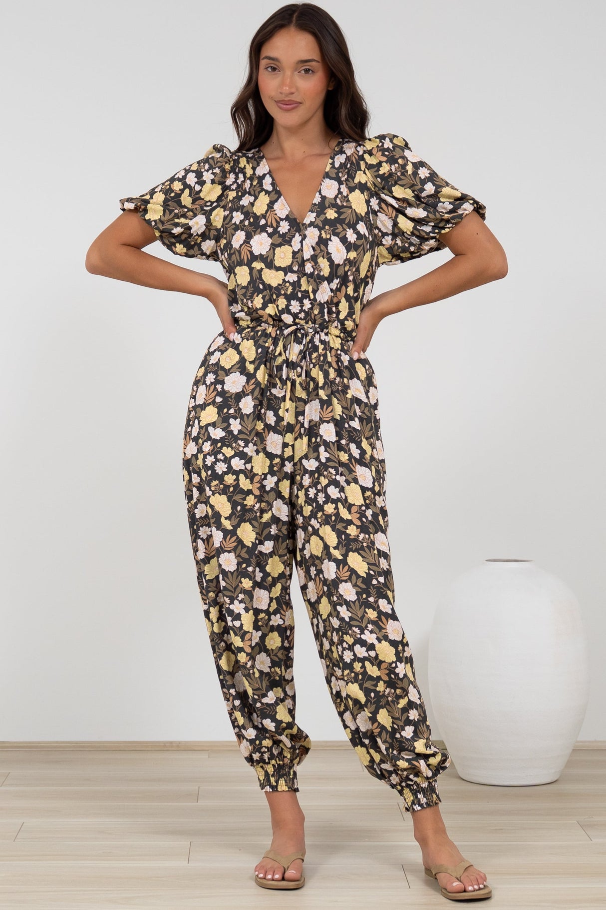 Ashby Jumpsuit - V-Neck Elasticated Leg Cuff Jumpsuit with Pull Tie Waist in Shiloh Print