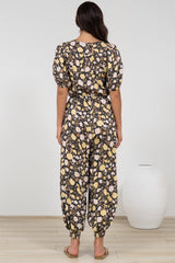 Ashby Jumpsuit - V-Neck Elasticated Leg Cuff Jumpsuit with Pull Tie Waist in Shiloh Print