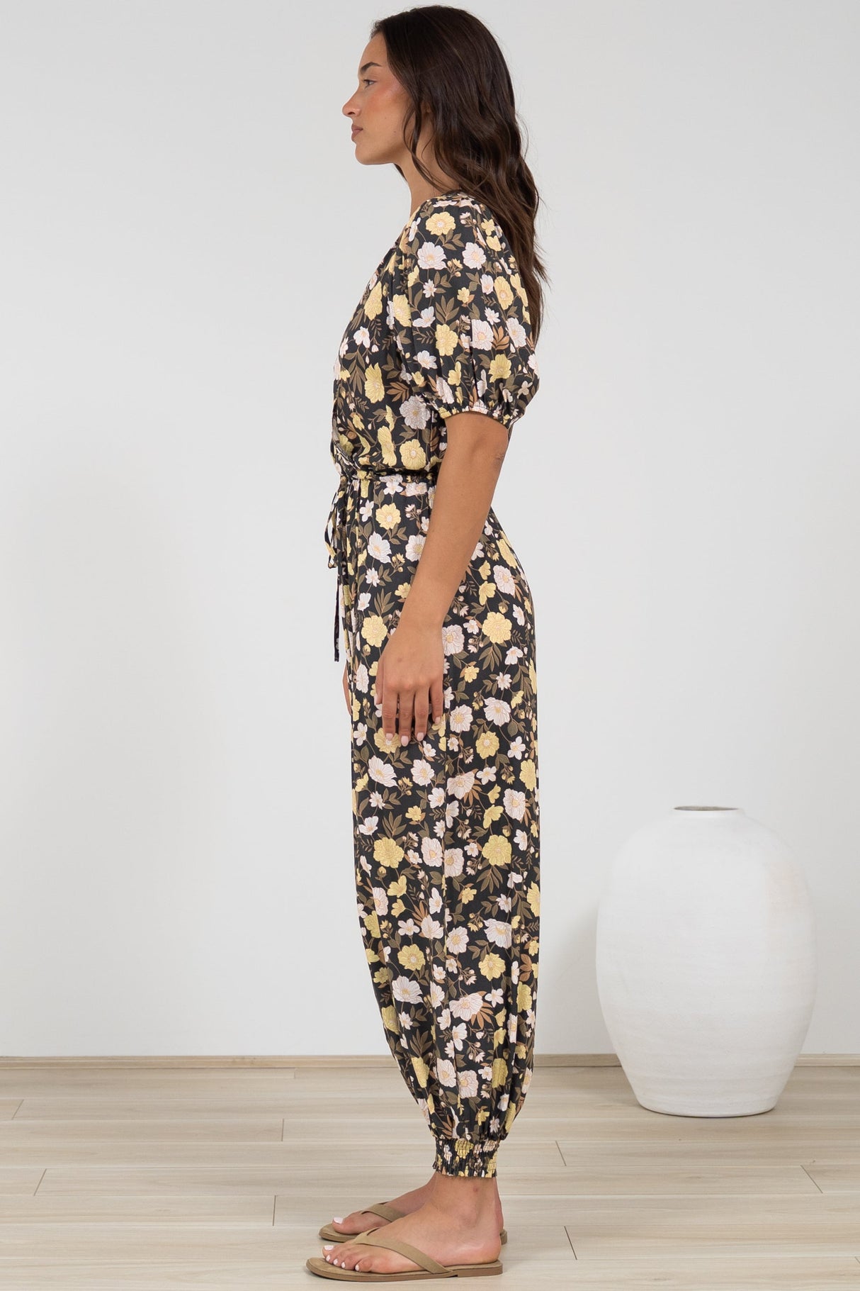 Ashby Jumpsuit - V-Neck Elasticated Leg Cuff Jumpsuit with Pull Tie Waist in Shiloh Print