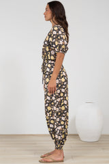 Ashby Jumpsuit - V-Neck Elasticated Leg Cuff Jumpsuit with Pull Tie Waist in Shiloh Print