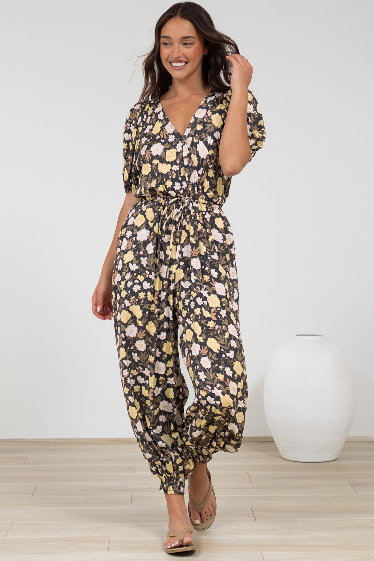 Ashby Jumpsuit - V-Neck Elasticated Leg Cuff Jumpsuit with Pull Tie Waist in Shiloh Print