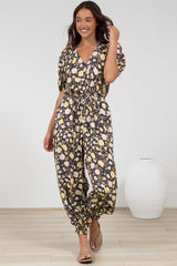 Ashby Jumpsuit - V-Neck Elasticated Leg Cuff Jumpsuit with Pull Tie Waist in Shiloh Print