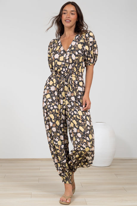 Ashby Jumpsuit - V-Neck Elasticated Leg Cuff Jumpsuit with Pull Tie Waist in Shiloh Print