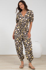 Ashby Jumpsuit - V-Neck Elasticated Leg Cuff Jumpsuit with Pull Tie Waist in Shiloh Print