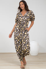 Ashby Jumpsuit - V-Neck Elasticated Leg Cuff Jumpsuit with Pull Tie Waist in Shiloh Print