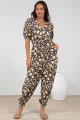Ashby Jumpsuit - V-Neck Elasticated Leg Cuff Jumpsuit with Pull Tie Waist in Shiloh Print
