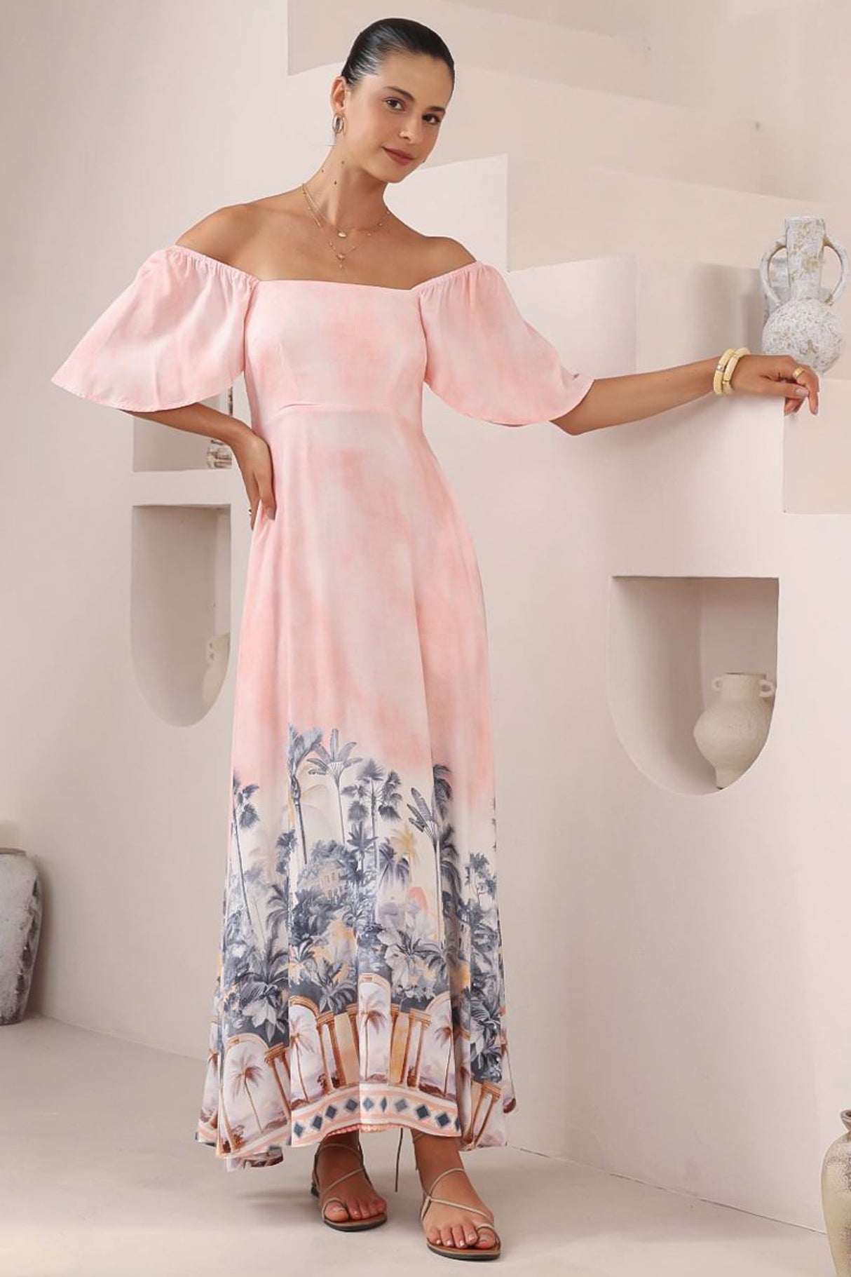 Ashby Maxi Dress - On or Off Shoulder A-Line Dress with Pockets in Armena Print