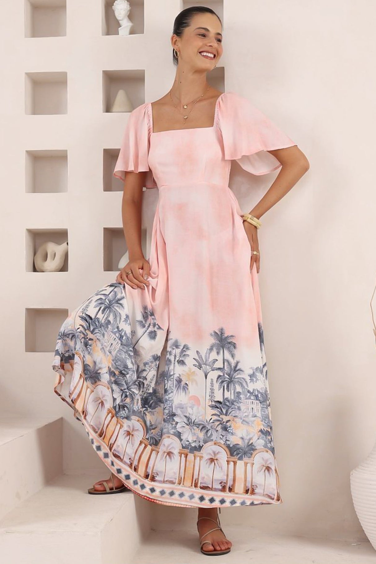 Ashby Maxi Dress - On or Off Shoulder A-Line Dress with Pockets in Armena Print