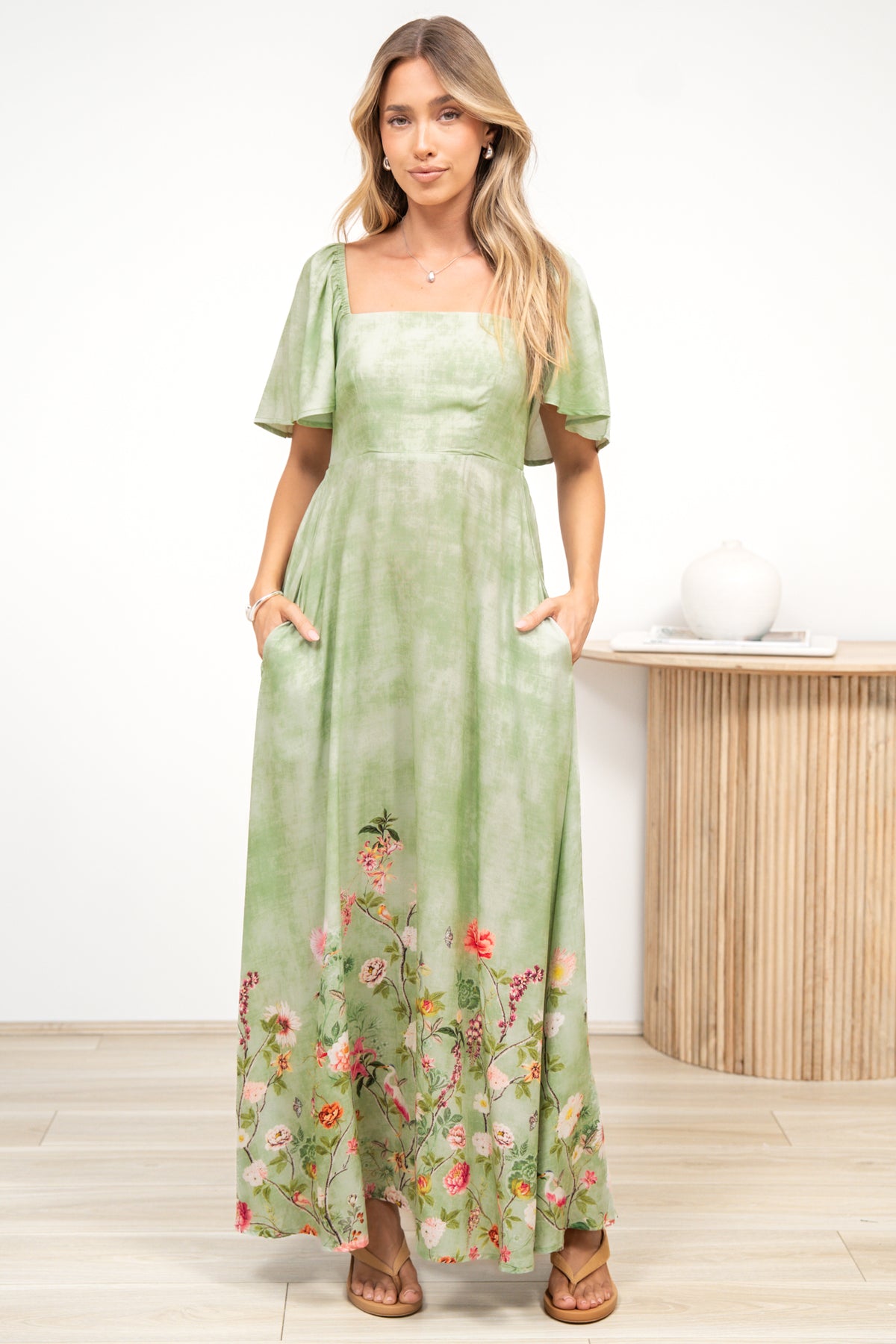 Ashby Maxi Dress - On or Off Shoulder A-Line Dress with Pockets in Ferngully Print