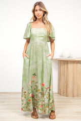 Ashby Maxi Dress - On or Off Shoulder A-Line Dress with Pockets in Ferngully Print