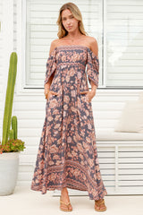 Ashby Maxi Dress - On or Off Shoulder A-Line Dress with Pockets in Leandra Print
