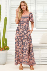 Ashby Maxi Dress - On or Off Shoulder A-Line Dress with Pockets in Leandra Print