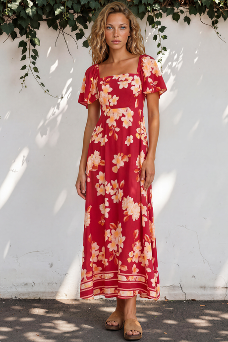 Model wearing Ashby Maxi Dress in Varenna Print from Salty Crush