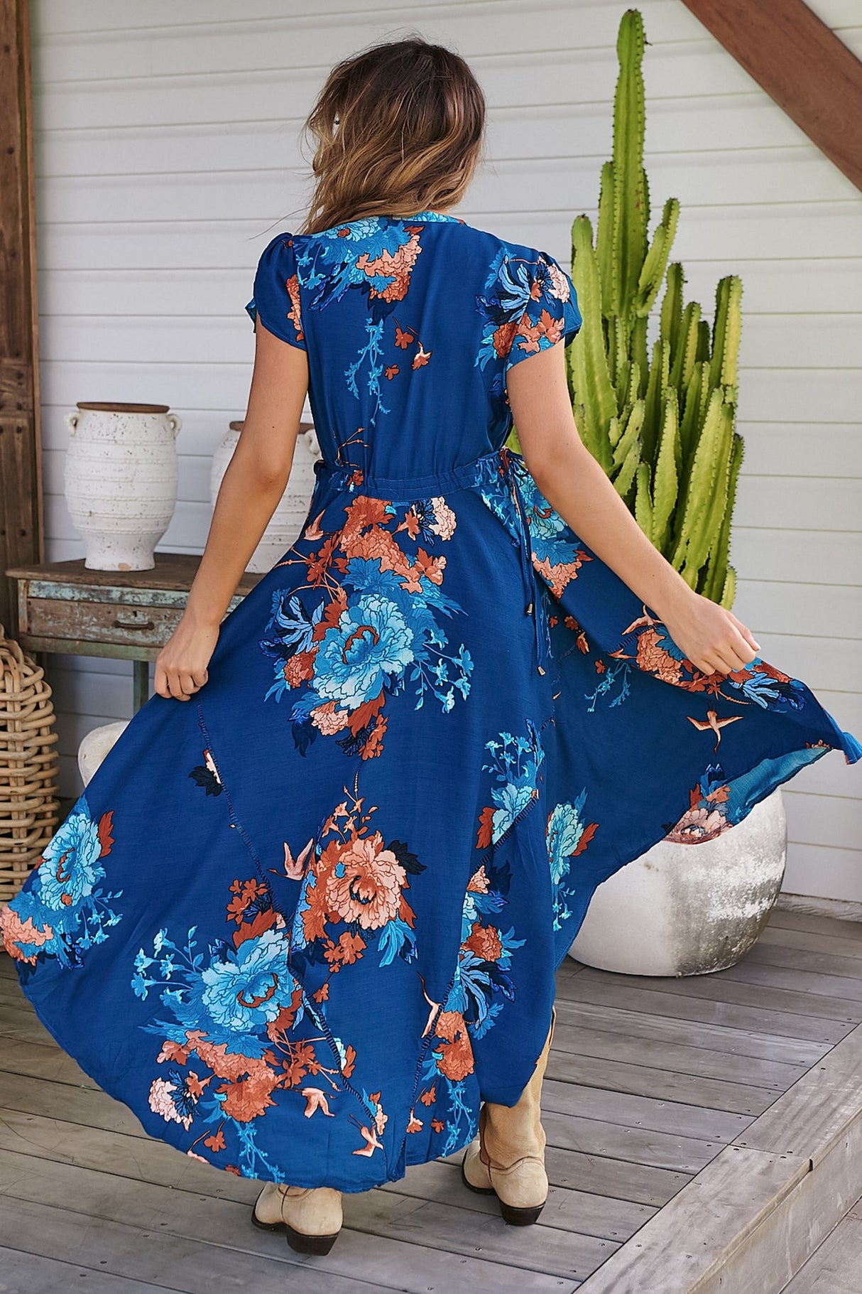 JAASE - Asher Maxi Dress: Burmuda Collar Lace Detail Handkercheif Hemline Dress in Floral Carnival Print