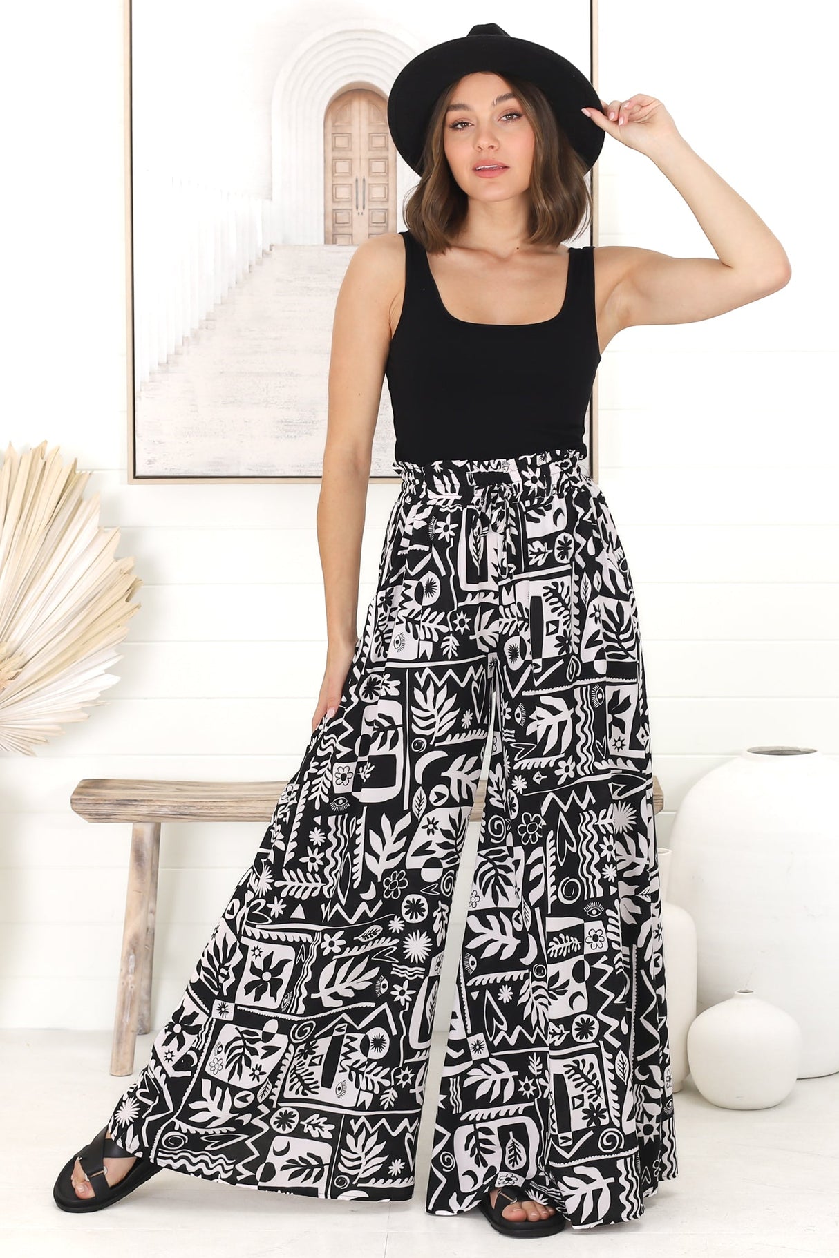 Ashora Pants - Paper Bag High Waisted Wide Leg Pants with Graphic Print