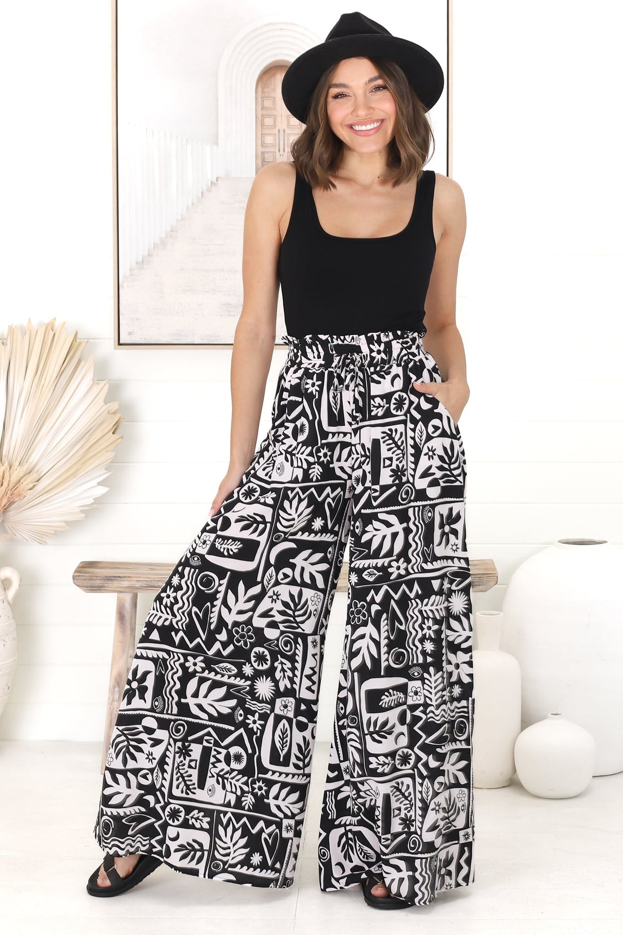 Ashora Pants - Paper Bag High Waisted Wide Leg Pants with Graphic Print