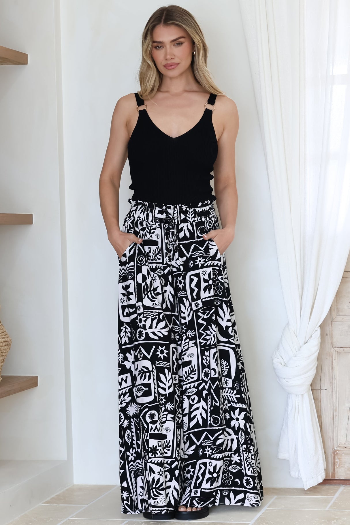 Ashora Pants - Paper Bag High Waisted Wide Leg Pants with Black & White Graphic Print