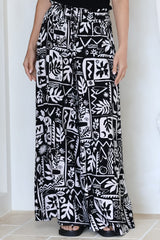 Ashora Pants - Paper Bag High Waisted Wide Leg Pants with Black & White Graphic Print