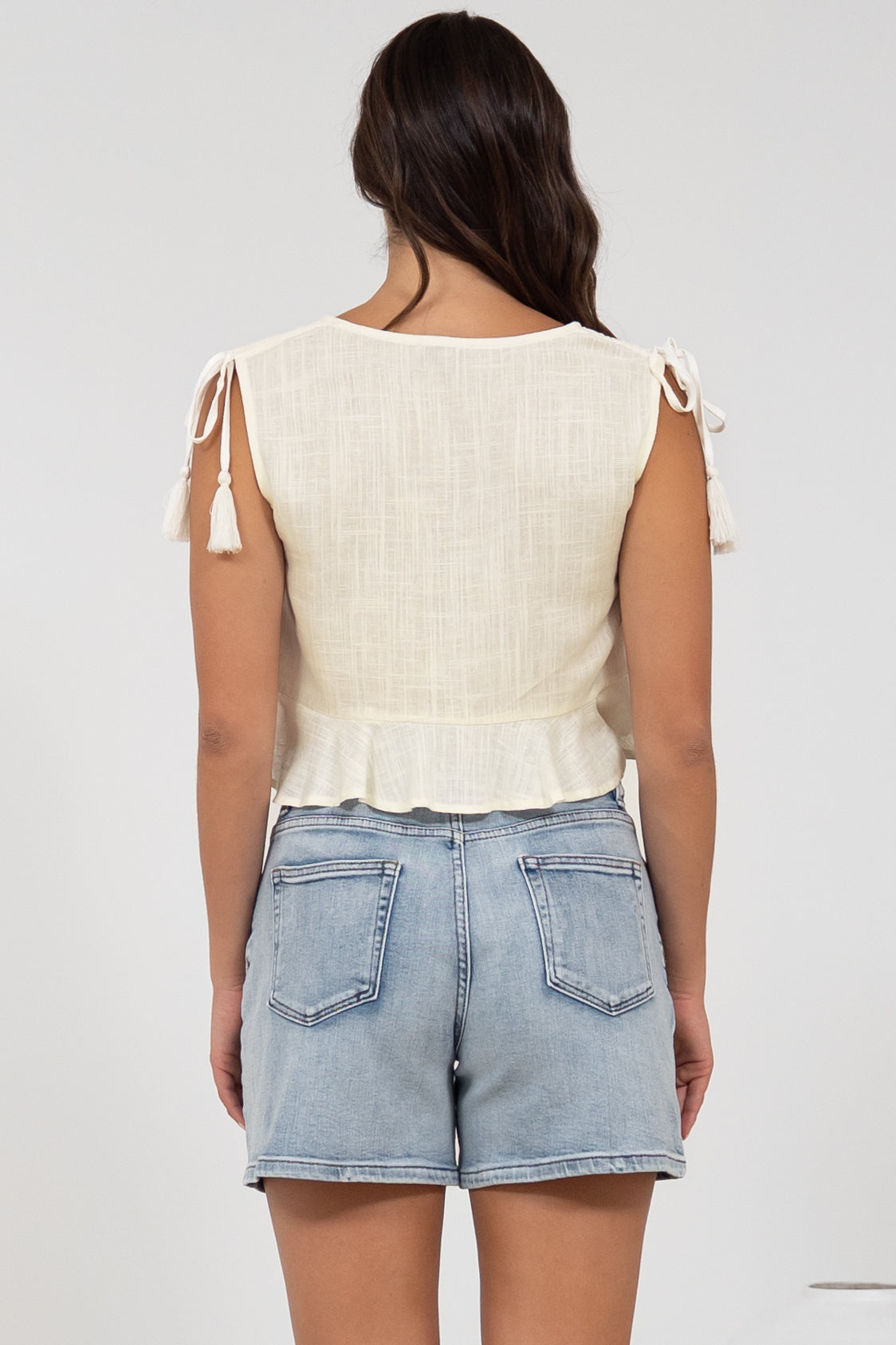 Ashtann Top - V-Neck Buttoned Down Top with Peplum Hem in White
