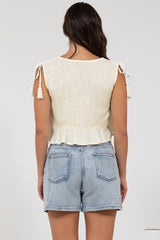 Ashtann Top - V-Neck Buttoned Down Top with Peplum Hem in White