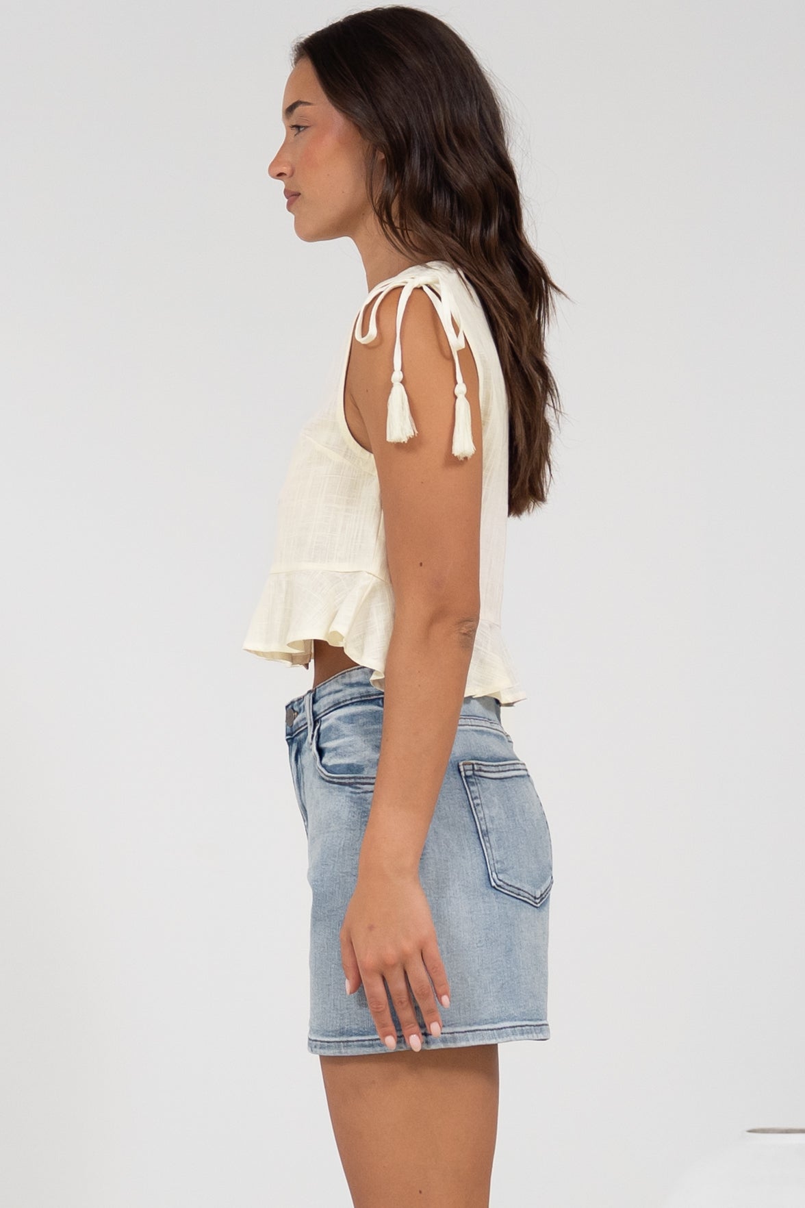 Ashtann Top - V-Neck Buttoned Down Top with Peplum Hem in White