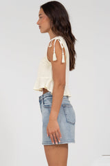 Ashtann Top - V-Neck Buttoned Down Top with Peplum Hem in White