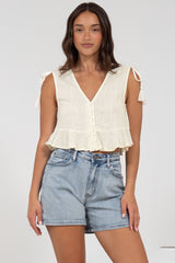 Ashtann Top - V-Neck Buttoned Down Top with Peplum Hem in White