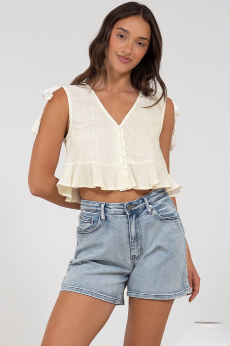 Ashtann Top - V-Neck Buttoned Down Top with Peplum Hem in White