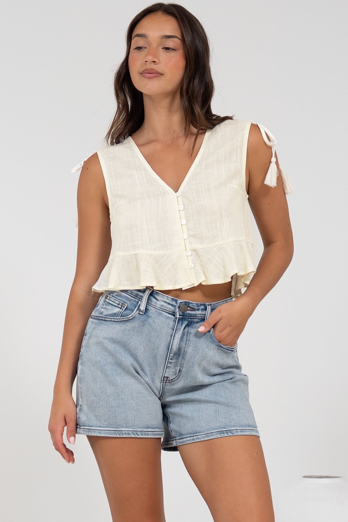 Ashtann Top - V-Neck Buttoned Down Top with Peplum Hem in White